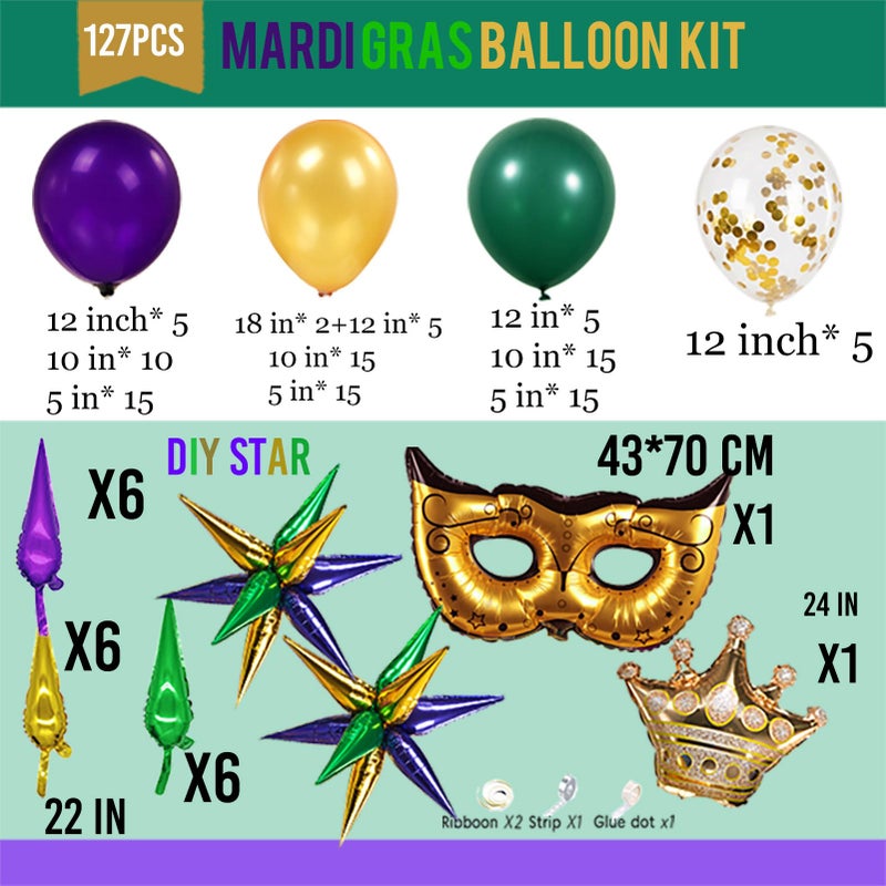 froufing Mardi balloon garland arch kit Purple Emerald green gold with Crown and Mask star mylar Balloons for Grand Fat Tuesday Party Decorations for Gorgeous Funny Festive Vibe - Image 5