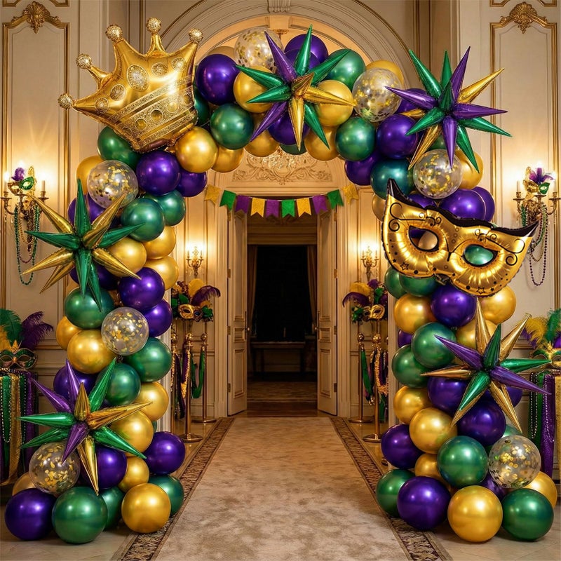 froufing Mardi balloon garland arch kit Purple Emerald green gold with Crown and Mask star mylar Balloons for Grand Fat Tuesday Party Decorations for Gorgeous Funny Festive Vibe - Image 1