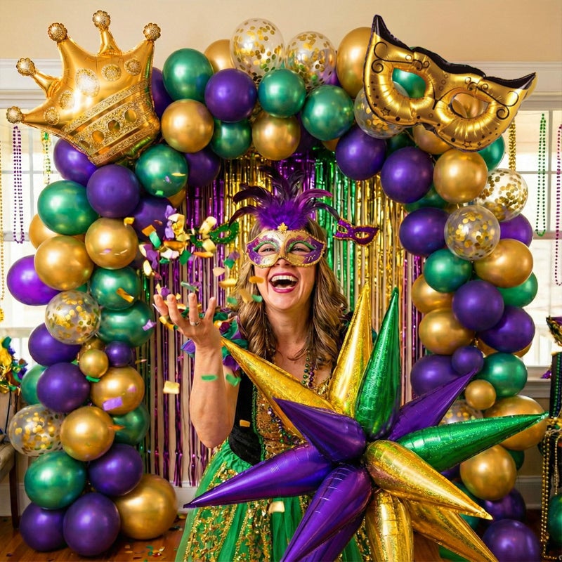 froufing Mardi balloon garland arch kit Purple Emerald green gold with Crown and Mask star mylar Balloons for Grand Fat Tuesday Party Decorations for Gorgeous Funny Festive Vibe - Image 2