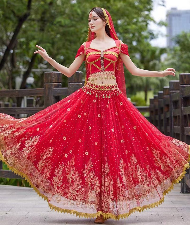 ORIDOOR Ladies Dress up Costumes Indian Aladdin Jasmine Princess Belly Dancing Bollywood Costumes Medium 01-Red - Image 2