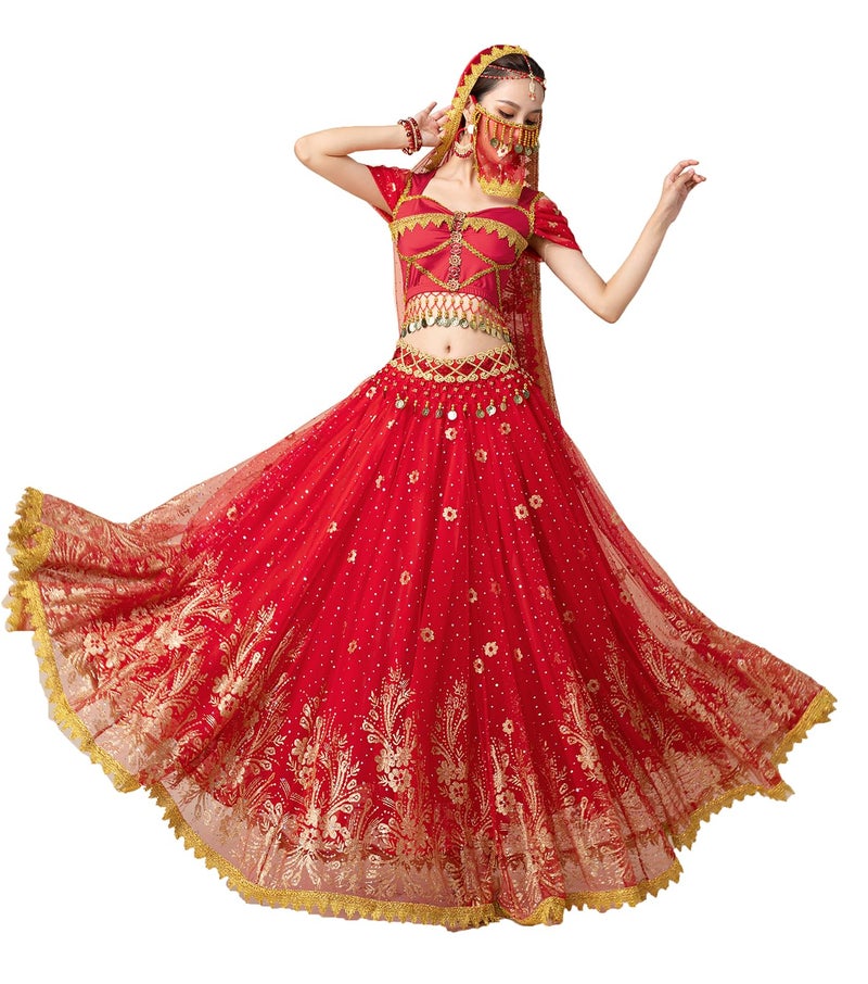ORIDOOR Ladies Dress up Costumes Indian Aladdin Jasmine Princess Belly Dancing Bollywood Costumes Medium 01-Red - Image 1