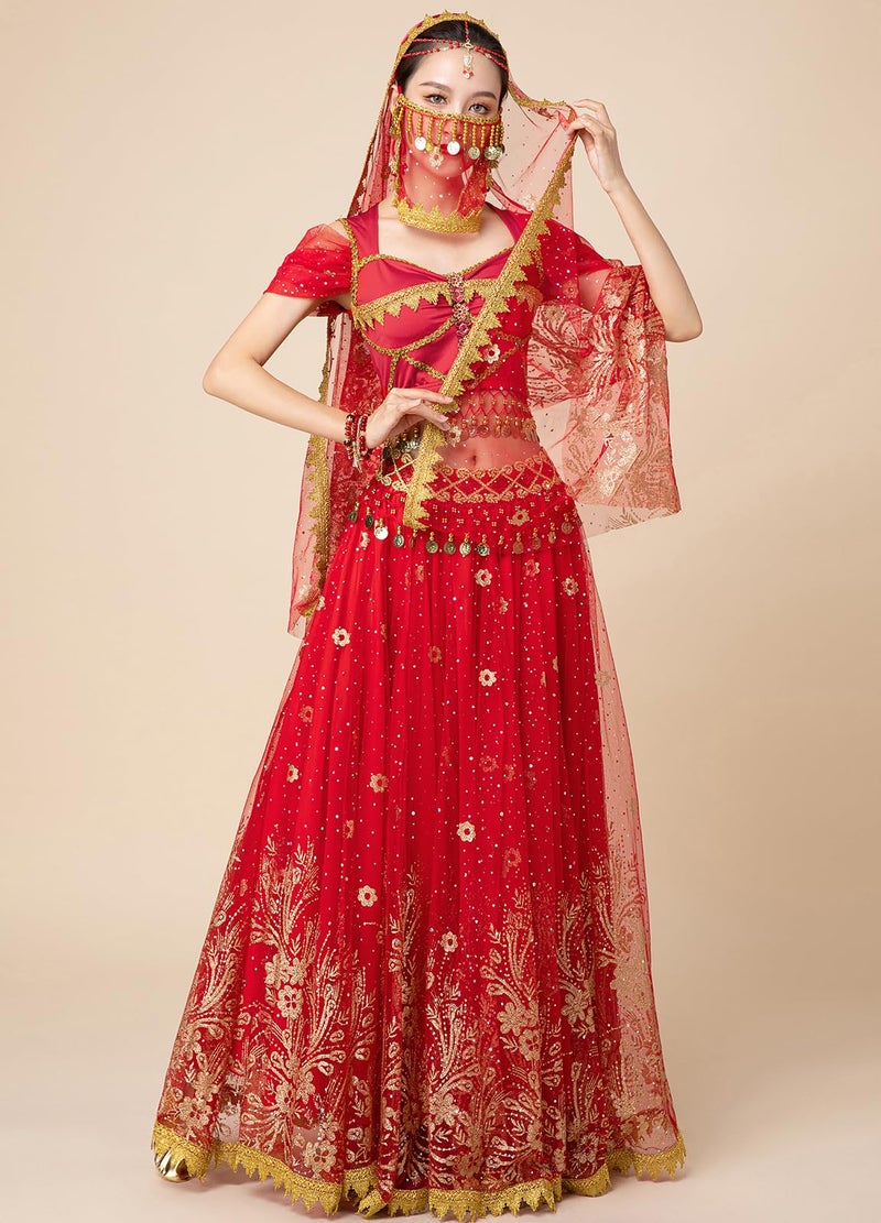 ORIDOOR Ladies Dress up Costumes Indian Aladdin Jasmine Princess Belly Dancing Bollywood Costumes Medium 01-Red - Image 5