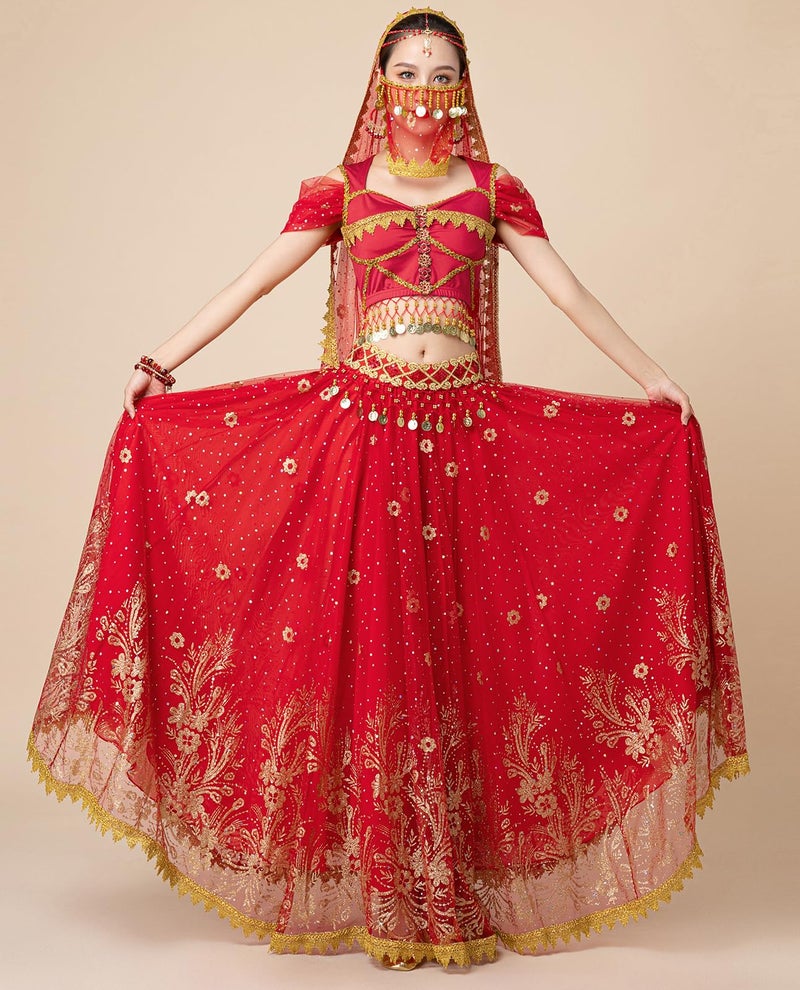 ORIDOOR Ladies Dress up Costumes Indian Aladdin Jasmine Princess Belly Dancing Bollywood Costumes Medium 01-Red - Image 4