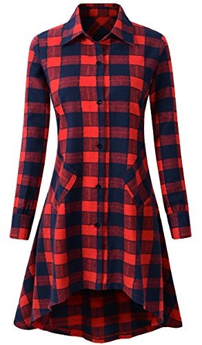 OLRAIN Womens New Plaids Irregular Hem Casual Shirt Dress (Medium, Nred) - Image 1