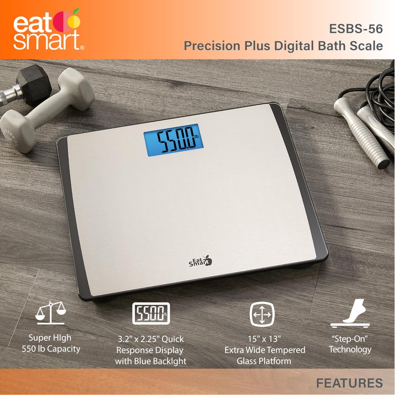 EatSmart Eat Smart Precision 550 Pound Extra-High Capacity Digital Bathroom Scale for Body Weight with Extra-Wide Platform, Stainless Steel - Image 3