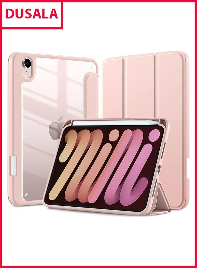 DUSALA Case for iPad mini 7 (A17 Pro, 7th Generation) 2024 / iPad mini 6 (6th Gen) 8.3 Inch with Pencil Holder, Slim Stand Protective Cover with Clear Transparent Back Shell for iPad mini 8.3 inch Tablet, Support Auto Wake/Sleep, (Pink) - Image 1