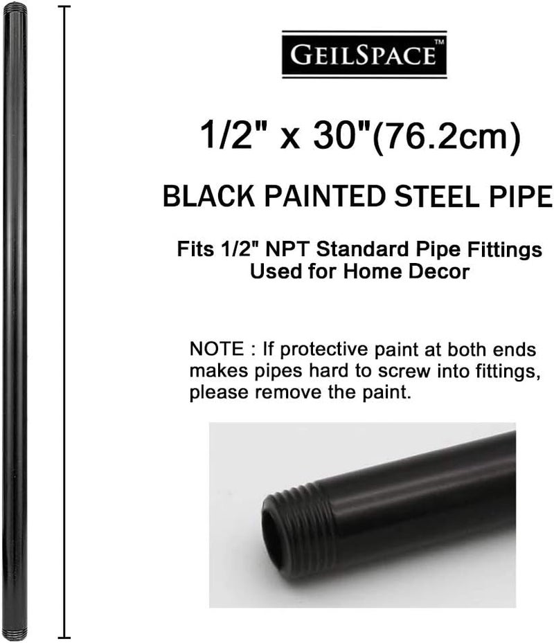 GeilSpace 6 Pack 1/2" × 30" Pre-Cut Black Metal Pipe, Industrial Steel Fits Standard Half Inch Black Threaded Pipes and Fittings - Vintage DIY Industrial Shelving (1/2" × 30") - Image 1