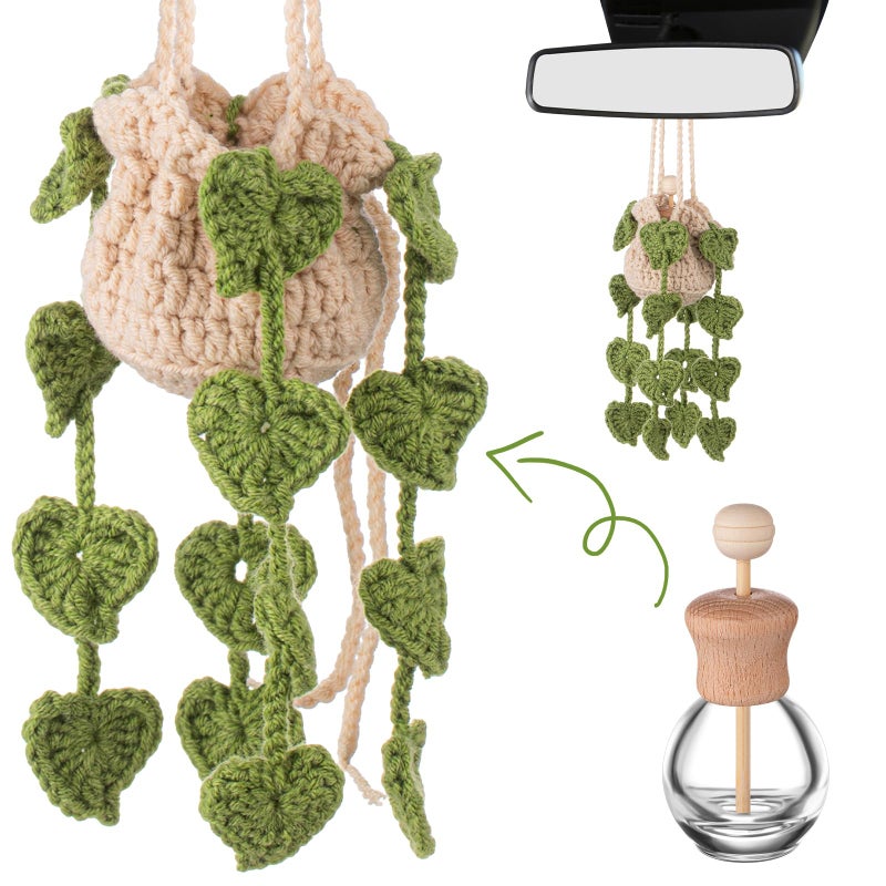 DaisyInner Cute Crochet Plant Car Freshener 12ml Empty Refillable Diffuser Bottle with Plants Hanging Accessories for Rearview Mirror Home Office Decor Women Mother's Day Gifts(Leave) - Image 1