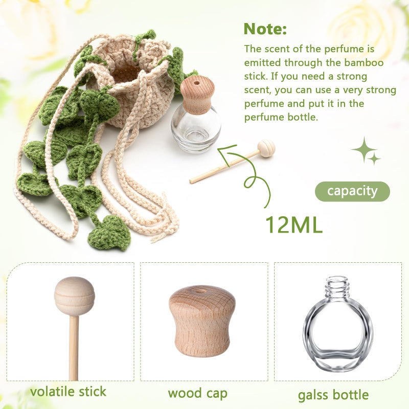 DaisyInner Cute Crochet Plant Car Freshener 12ml Empty Refillable Diffuser Bottle with Plants Hanging Accessories for Rearview Mirror Home Office Decor Women Mother's Day Gifts(Leave) - Image 4
