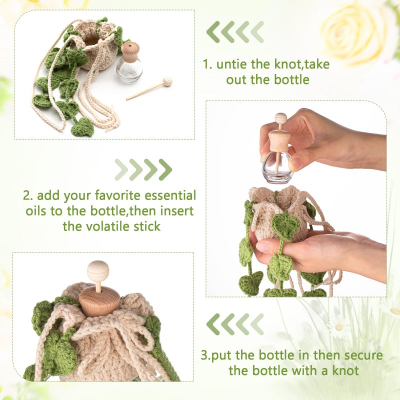 DaisyInner Cute Crochet Plant Car Freshener 12ml Empty Refillable Diffuser Bottle with Plants Hanging Accessories for Rearview Mirror Home Office Decor Women Mother's Day Gifts(Leave) - Image 3