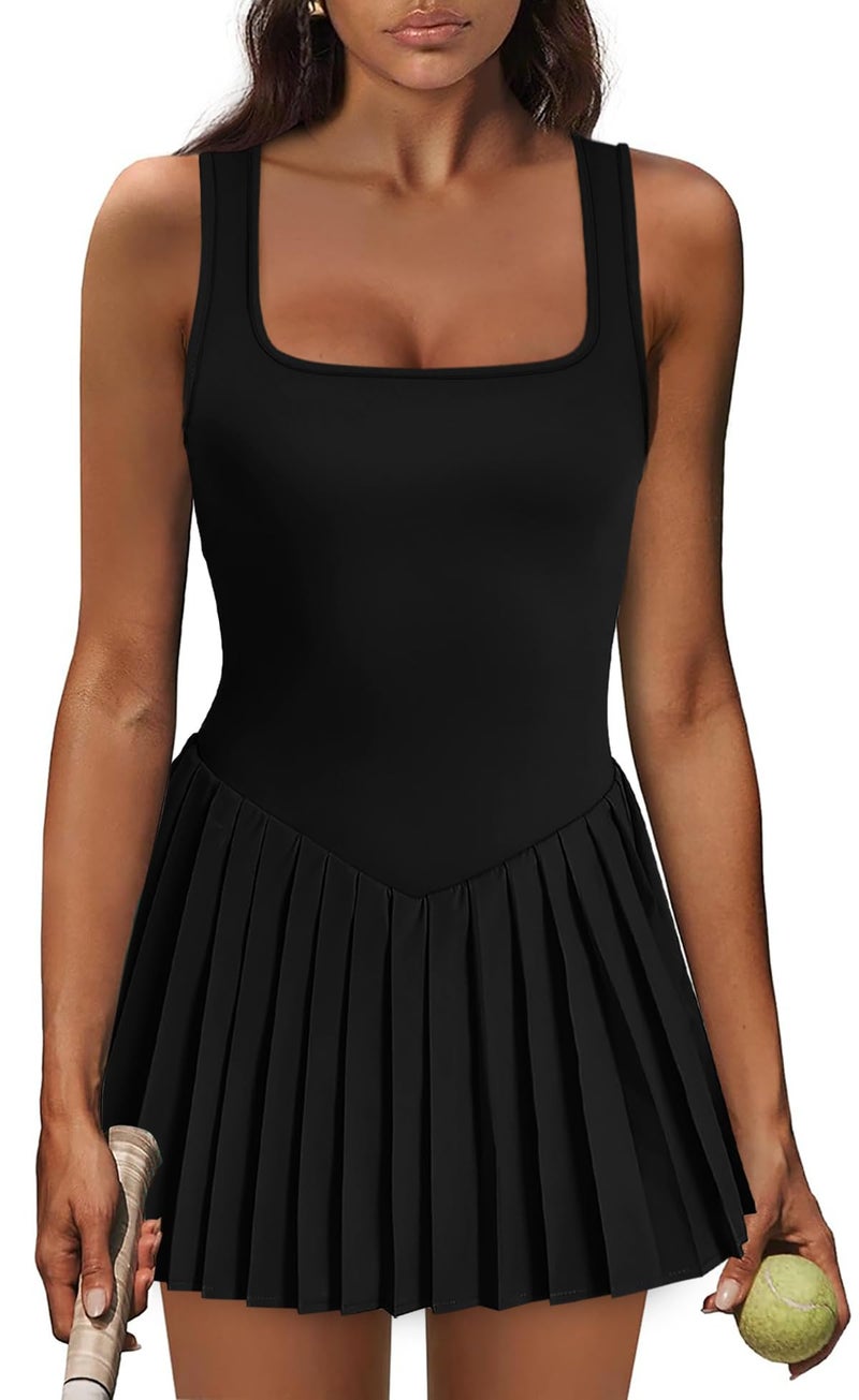 NIASHOT Athletic Dress for Women with Shorts Womens Tennis Dress Pleated Dresses Golf Clothes Black Summer Dresses 2026 Women's Fitness Clothing M - Image 1