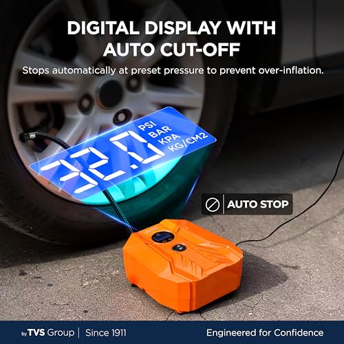 myTVS air Champ Digi Portable Tyre Inflator for Car, Bike with Digital Display & Auto Shut-Off 100 PSI Pressure | 12V DC Air Pump for Car tire with LED Torch, Long Wire | 1+1 Years Warranty (TI-16) - Image 2