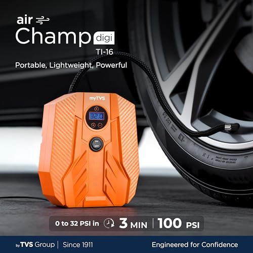 myTVS air Champ Digi Portable Tyre Inflator for Car, Bike with Digital Display & Auto Shut-Off 100 PSI Pressure | 12V DC Air Pump for Car tire with LED Torch, Long Wire | 1+1 Years Warranty (TI-16) - Image 3