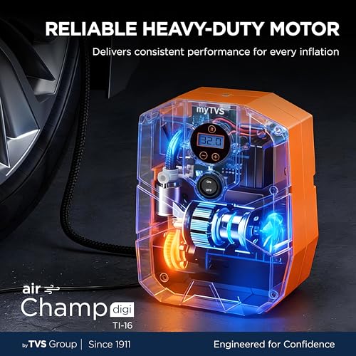 myTVS air Champ Digi Portable Tyre Inflator for Car, Bike with Digital Display & Auto Shut-Off 100 PSI Pressure | 12V DC Air Pump for Car tire with LED Torch, Long Wire | 1+1 Years Warranty (TI-16) - Image 4