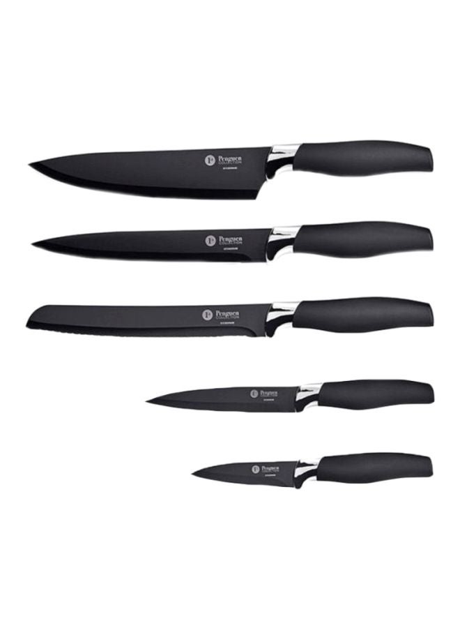 Penguen 5-Piece Aria Stainless Steel Knife Set Black/Silver Chef Knife (8), Bread Knife (8), Slicer (8), Utility Knife (5), Paring Knife (3.5)inch