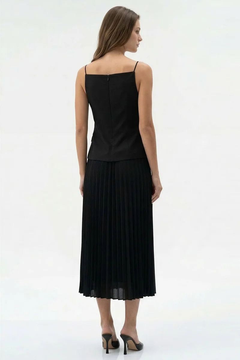 EXQUISE Sleeveless Pleated Linen Trimmed Regular Midi Black Dress