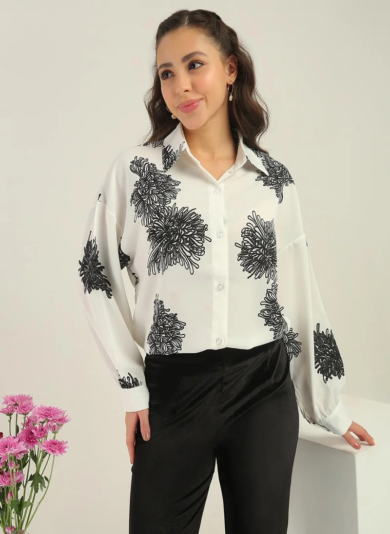 globus Globus Women White Floral Print Collared Neck Cuffed Sleeves Curved Hem Shirt