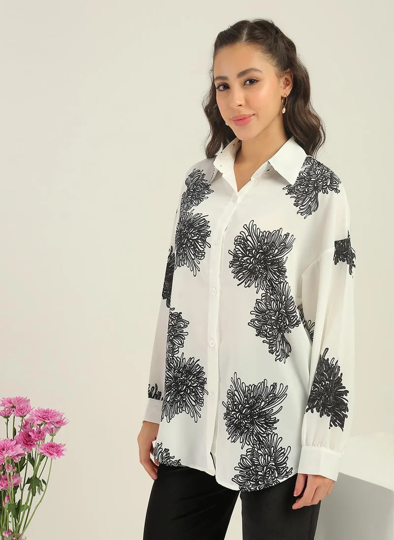 جلو باص Globus Women White Floral Print Collared Neck Cuffed Sleeves Curved Hem Shirt
