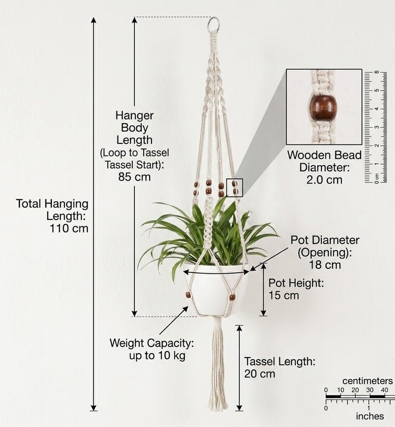 DXYZ Macrame Cotton Outdoor/Indoor Plant Hanger with Wooden Ring [Without Pot] | Rope Flower Pot Holder for Balcony Garden Wall | Home Decor Basket Hanger (Ivory, 1) - Image 2