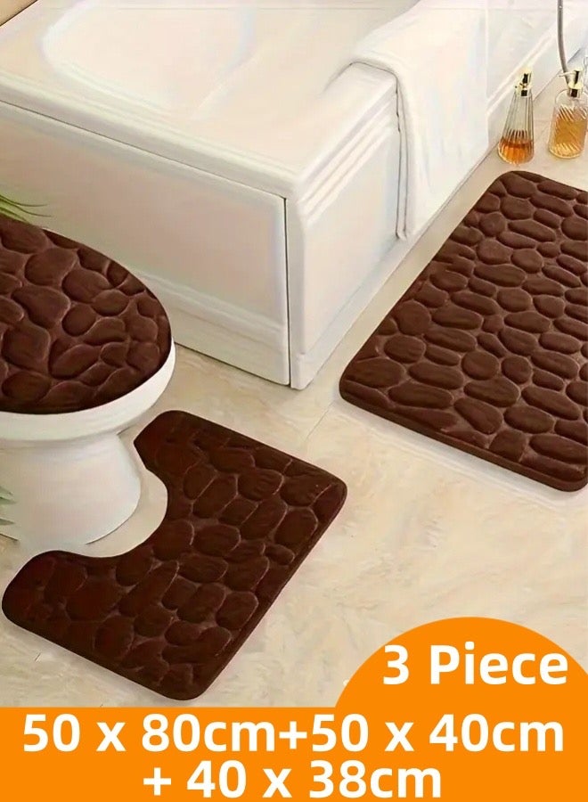 طقم سجاد حمام مكون من 3 قطع، طقم سجاد حمام من الفانيلا المرصوفة بالحصى سميك للغاية، سجاد حمام مانع للانزلاق للحمام، ماص للماء، سجاد حمام قابل للغسل للحوض والمرحاض والأرضية - Image 1