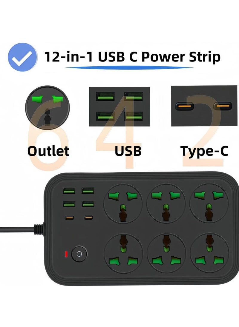 JAJEEK (EU Plug) 12-in-1 Power Strip with USB-C, Universal Extension Cord with 6 Wide Outlets & 4 USB Ports – 110-240V, Max 3000W, Wall Mount Plug Extender for European Travel & Work  - Image 2