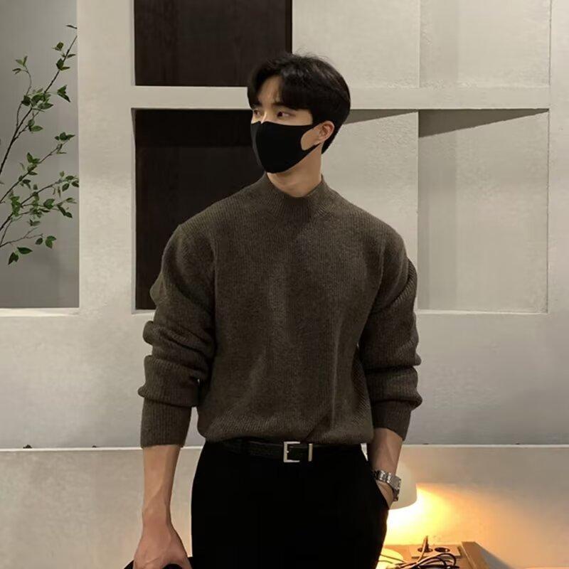 Half turtleneck mens winter bottoming shirt mid-collar mens autumn and winter warm sweater pullover vertical collar fashion Brown  - Image 1