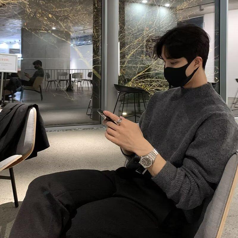 Half turtleneck mens winter bottoming shirt mid-collar mens autumn and winter warm sweater pullover vertical collar fashion Brown  - Image 2