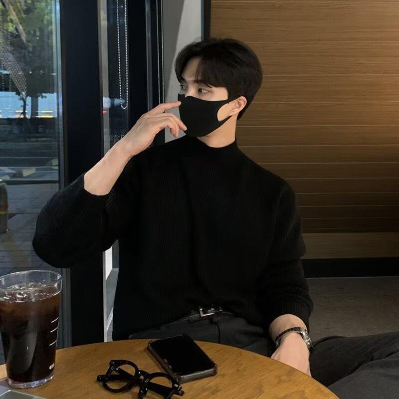 Half turtleneck mens winter bottoming shirt mid-collar mens autumn and winter warm sweater pullover vertical collar fashion Brown  - Image 3