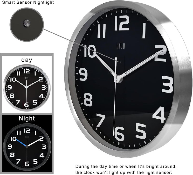 hito 12” Night Light Wall Clock Glow in The Dark for Bedroom Silent Wall Clock Battery Operated for Living Room Decor, Brightness Adjustable, Metal Frame, Glass Cover(Hands + Numbers Illuminate) - Image 3