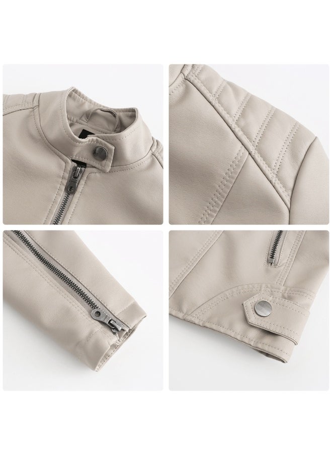 Loquat Women's Leather Suit Slim Fitting Jacket Thin Motorcycle Suit Stand Collar Leather Jacket Beige  - Image 3
