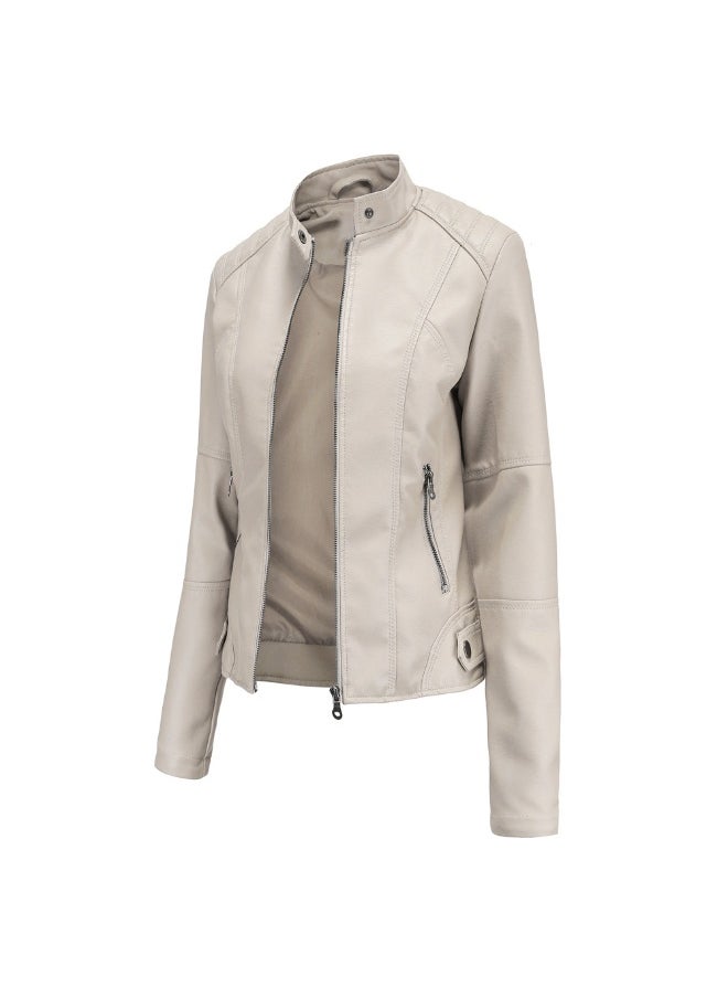 Loquat Women's Leather Suit Slim Fitting Jacket Thin Motorcycle Suit Stand Collar Leather Jacket Beige  - Image 2