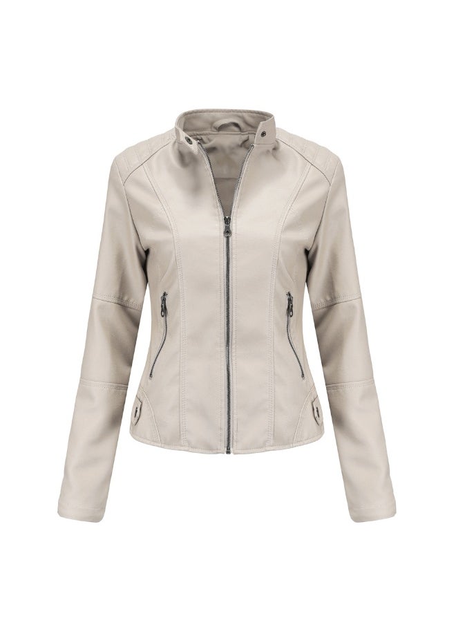 Loquat Women's Leather Suit Slim Fitting Jacket Thin Motorcycle Suit Stand Collar Leather Jacket Beige  - Image 1