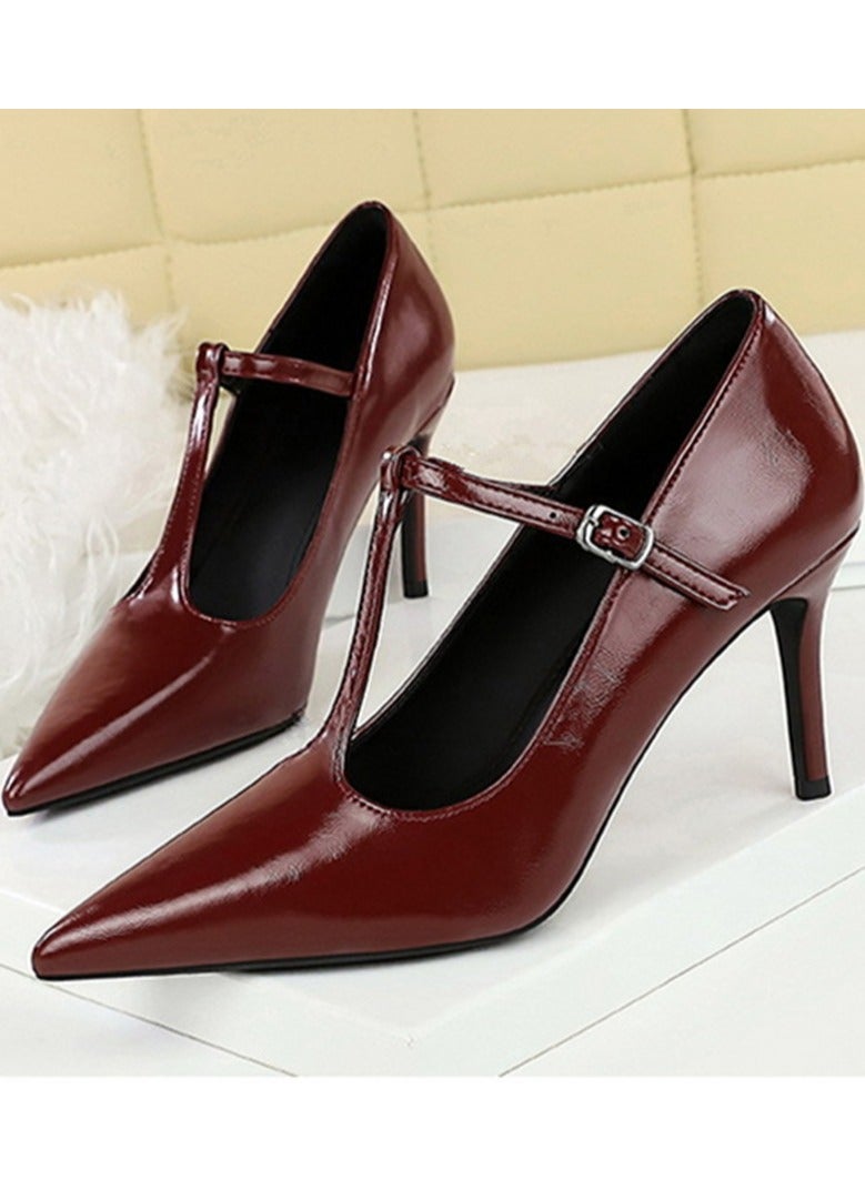 BIGTREE Women's Closed Pointed Toe High Heels With T-Ankle Straps Stiletto Pumps Wine Red 8CM - Image 1