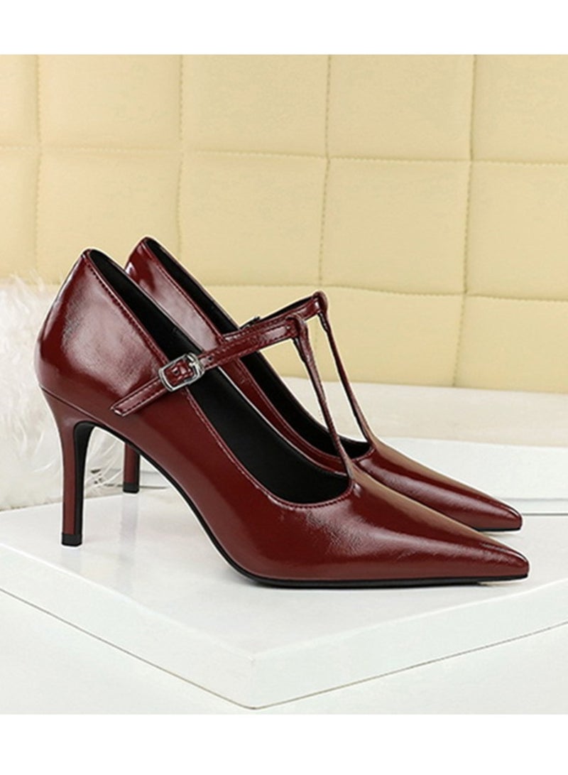 BIGTREE Women's Closed Pointed Toe High Heels With T-Ankle Straps Stiletto Pumps Wine Red 8CM - Image 2