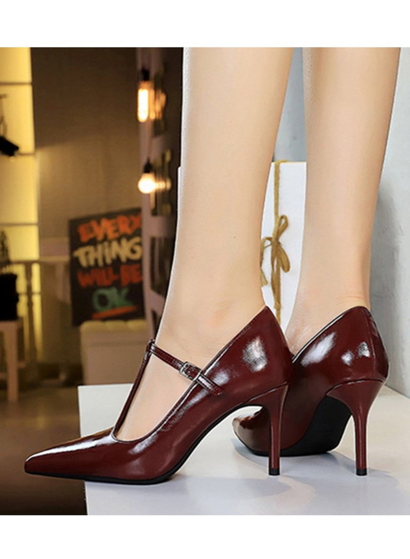 BIGTREE Women's Closed Pointed Toe High Heels With T-Ankle Straps Stiletto Pumps Wine Red 8CM - Image 4