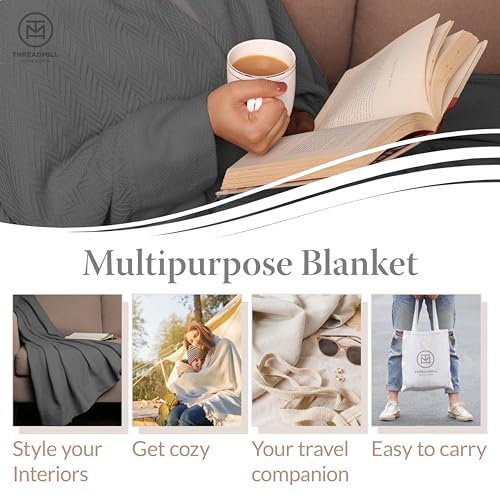Threadmill Luxury Cotton Blankets for King Size Bed | All-Season Cozy 100% Cotton King Size Blanket | Herringbone Soft Fall Thermal Blanket fits California King Size Bed | Dark Grey - Image 2