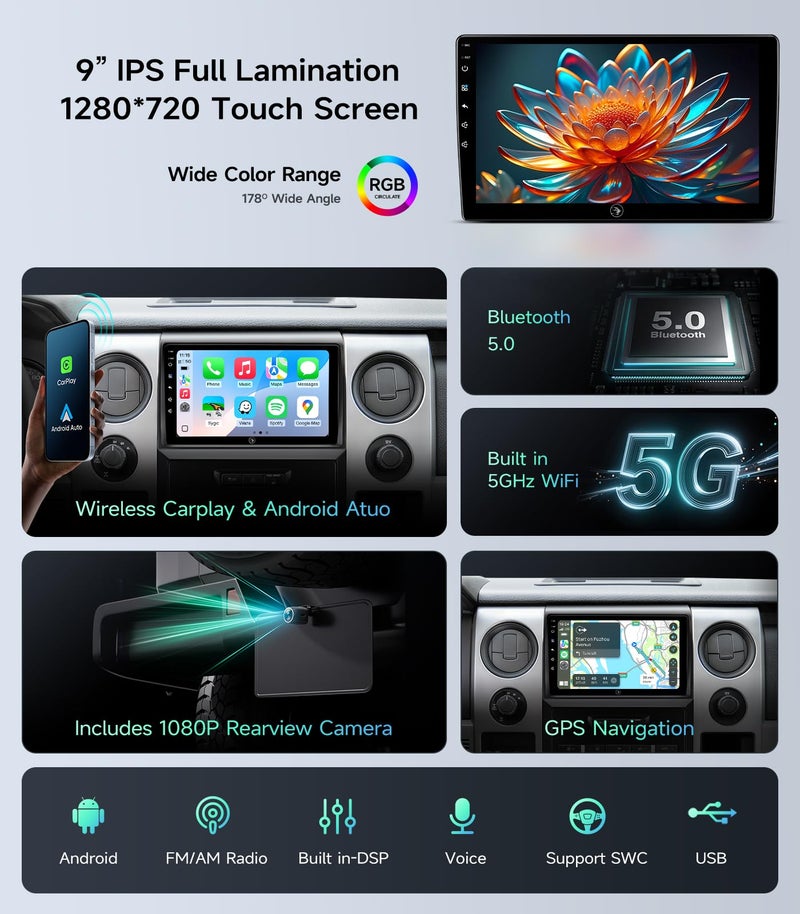 AINAVIGO Car Radio Stereo for Ford F150 2009 2010 20112012 2013 2014, 9Inch Android with Wireless CarPlay/Android Auto, 5G WiFi GPS Navigation Bluetooth, Touchscreen Backup Camera - Image 5