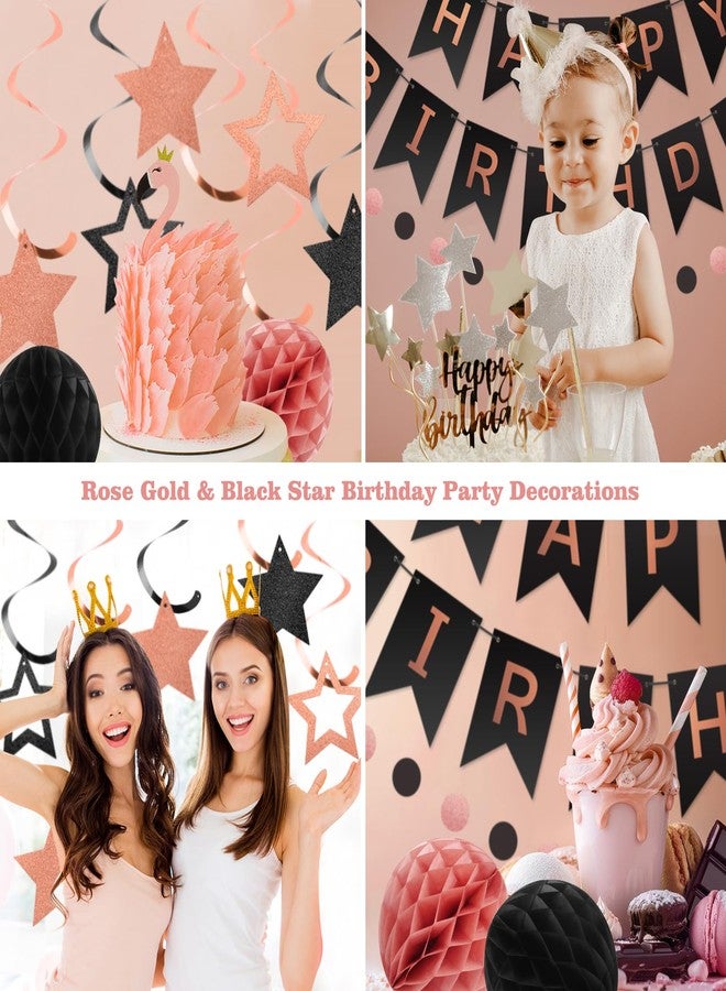 meowtastic Birthday Decorations, Happy Birthday Banner with Honeycomb Ball, Star Hanging Swirl Streamer, Circle Dot Garland, Happy Birthday Party Decoration for Women Men Boy Girl (Rose Gold & Black) - Image 4