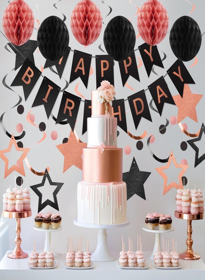 meowtastic Birthday Decorations, Happy Birthday Banner with Honeycomb Ball, Star Hanging Swirl Streamer, Circle Dot Garland, Happy Birthday Party Decoration for Women Men Boy Girl (Rose Gold & Black) - Image 2