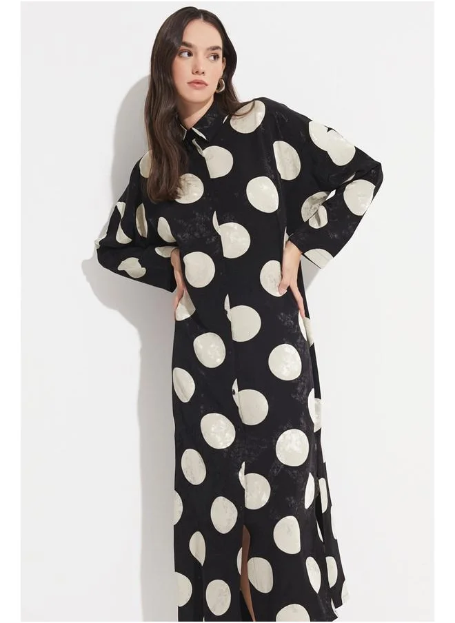 جون June Women Exclusive Straight Cut Long Sleeve Rayon Blend Polka Dot Pattern Shirt Dress Black