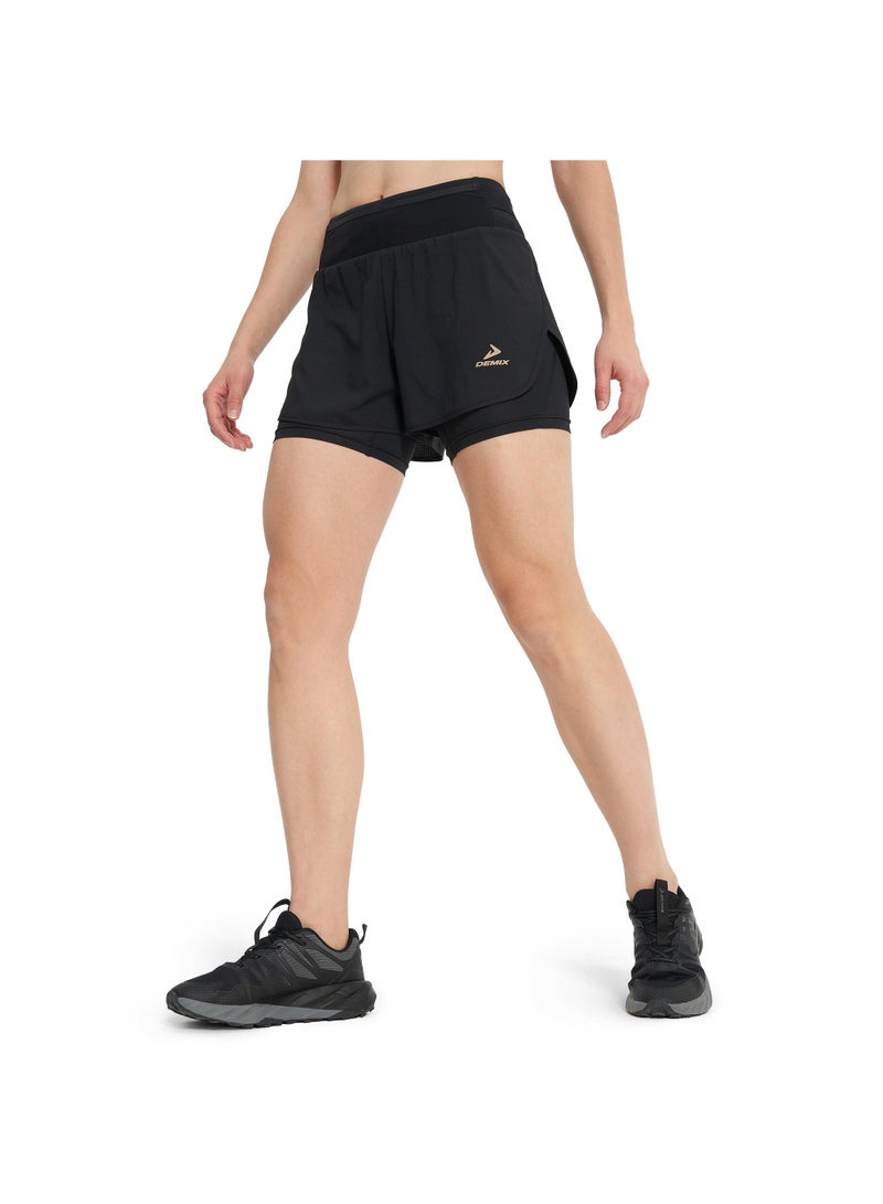 Demix Women’s Running Shorts - Demix Trail Black Lightweight & Breathable 2-in-1 Shorts with Moisture-Wicking Fabric & Multiple Pockets - Image 2