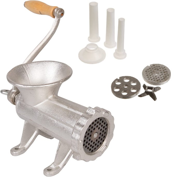 CAST IRON TABLE MOUNT MEAT GRINDER MANUAL MINCER INCLUDES TWO 34 CUTTING DISKS AND SAUSAGE STUFFER FUNNEL HEAVY DUTY MAKE HOMEMADE GROUND BEEF BURGERS EASY TO USE AND COOKING TOOL MUST HAVE