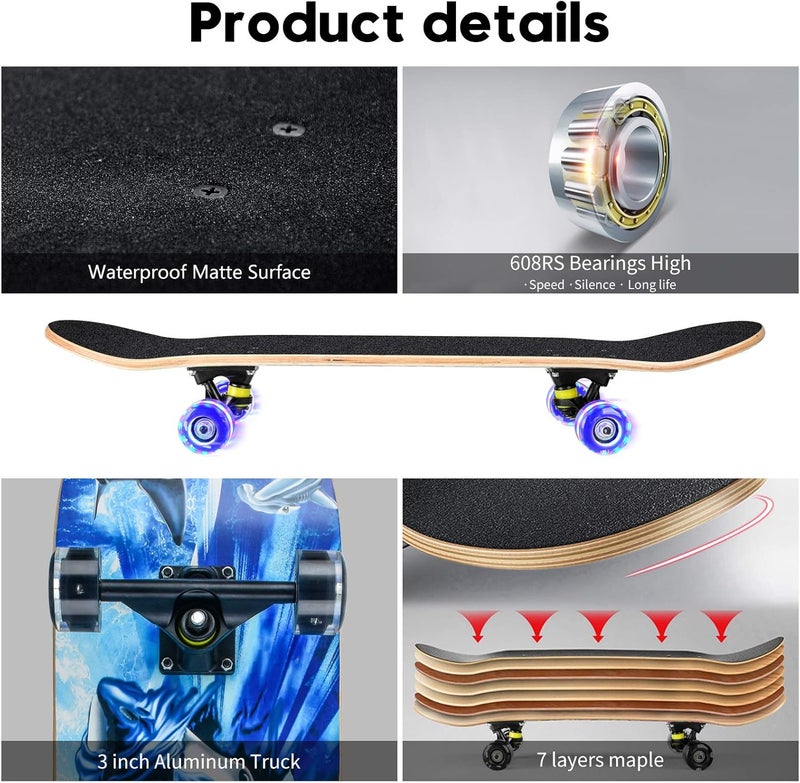 cdsnxore Skateboards for Beginners, 31 x 8 inch Complete Skateboard for Kids Teens Adults, 8 Layer Maple Double Kick Deck Concave Cruiser Trick Skateboard with Multifunction Skate - Image 4