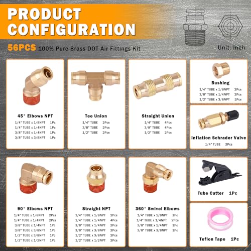 XaXmTee 56 Pcs Brass DOT Air Line Fittings kit with Brass Bushings Push to Connect Fittings Push Lock DOT Air Fittings NPT Thread & Quick Connect Air Hose Fittings - Image 2
