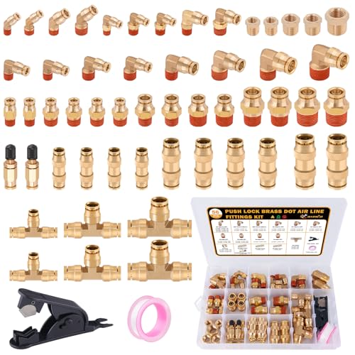 XaXmTee 56 Pcs Brass DOT Air Line Fittings kit with Brass Bushings Push to Connect Fittings Push Lock DOT Air Fittings NPT Thread & Quick Connect Air Hose Fittings - Image 1