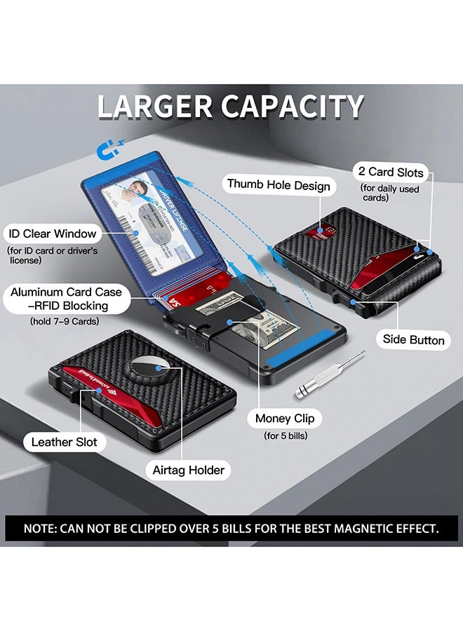 Arabest محفظة إير تاج للرجال، محفظة ذكية للرجال لإير تاج مع حماية RFID، حافظة بطاقات ائتمان ألومنيوم قابلة للطي بتصميم بسيط، تستوعب 12+ بطاقة مع نافذة للهوية، هدية للرجال، لا تشمل إير تاج، كربون أزرق - Image 5
