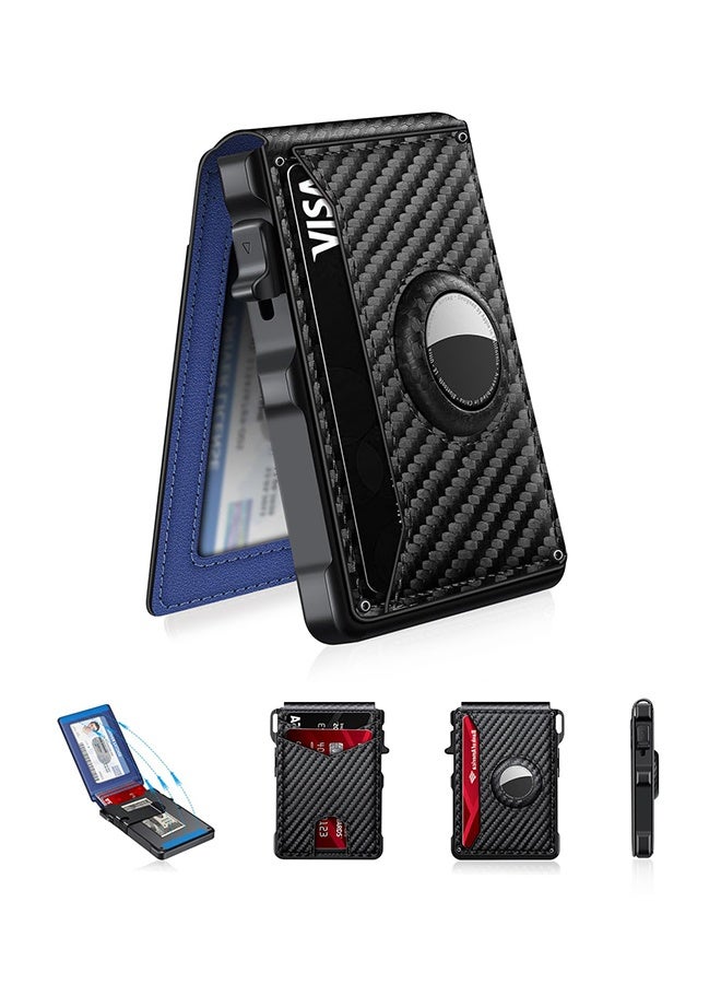 Arabest محفظة إير تاج للرجال، محفظة ذكية للرجال لإير تاج مع حماية RFID، حافظة بطاقات ائتمان ألومنيوم قابلة للطي بتصميم بسيط، تستوعب 12+ بطاقة مع نافذة للهوية، هدية للرجال، لا تشمل إير تاج، كربون أزرق - Image 1