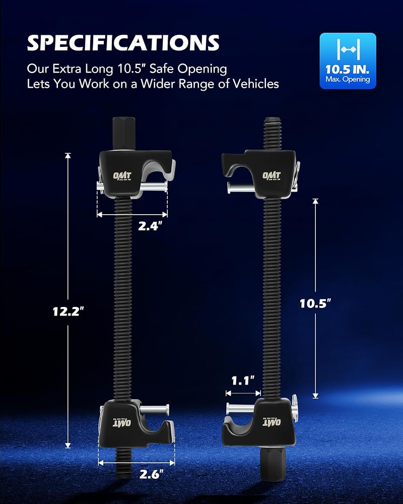Orion Motor Tech مجموعة أدوات ضغط نوابض من Orion Motor Tech لنوابض MacPherson، مكونة من قطعتين، بمدى 10.5 بوصة، تحتوي على أدوات ضغط نوابض قوية مزودة بمحور دوران مربع بقطر 1/2 بوصة ومحاور دوران سداسية بقطر 13/16 بوصة، مناسبة للسيارات والشاحنات، باللون الأسود - Image 3
