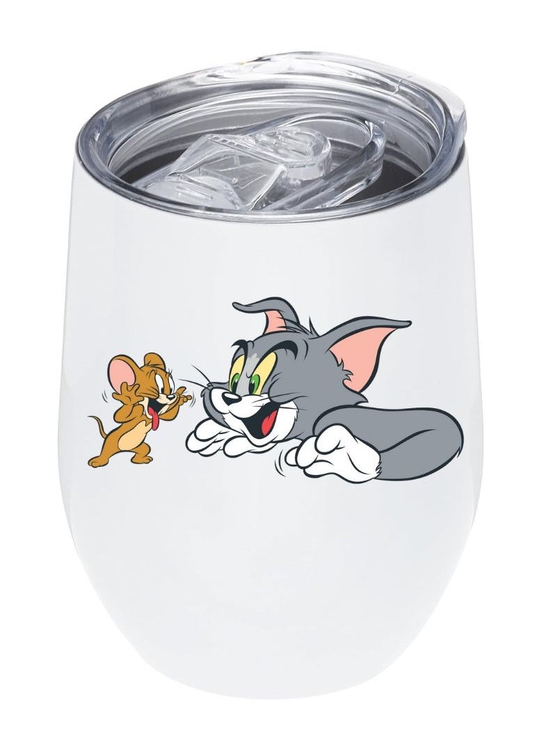 LOUD UNIVERSE White Stainless Steel Insulated Tumbler 12Oz With Lid Printed Tom And Jerry Cartoon, Perfect Cute Gift For Hot And Cold Drinks  - Image 1