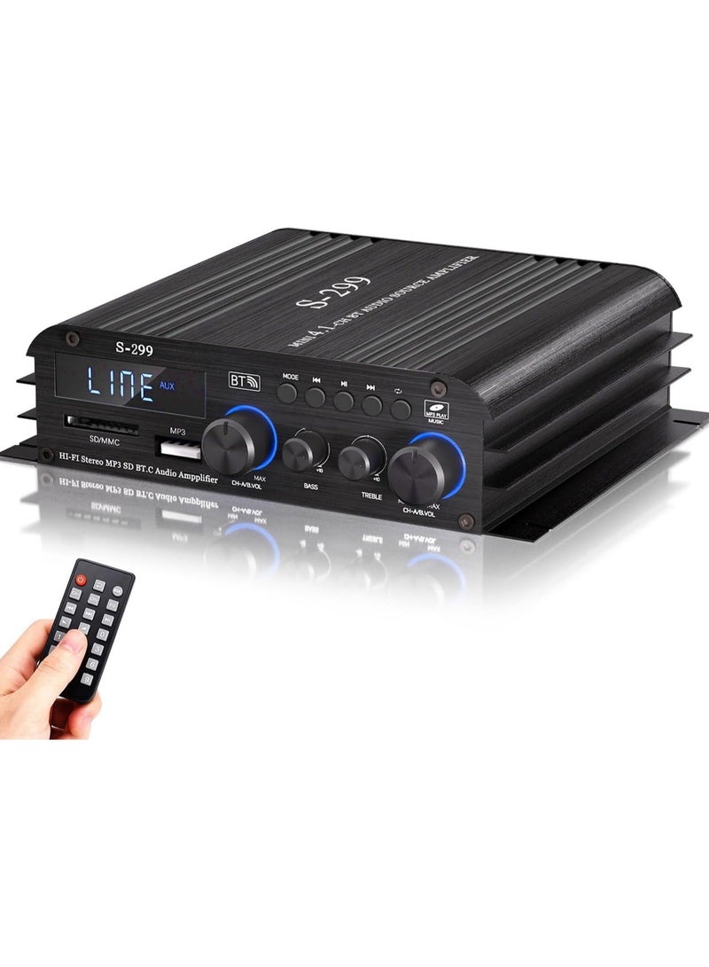 S-299 4.1CH Bluetooth Power Amplifier Active Subwoofer Output (NOT Passive Subwoofer), Max 800W RMS 40W x 4 Subwoofer Amplifier Hi-Fi Integrated Mini Speaker Amp Audio Sub Bass Amp (UK Regulatory) - Image 1